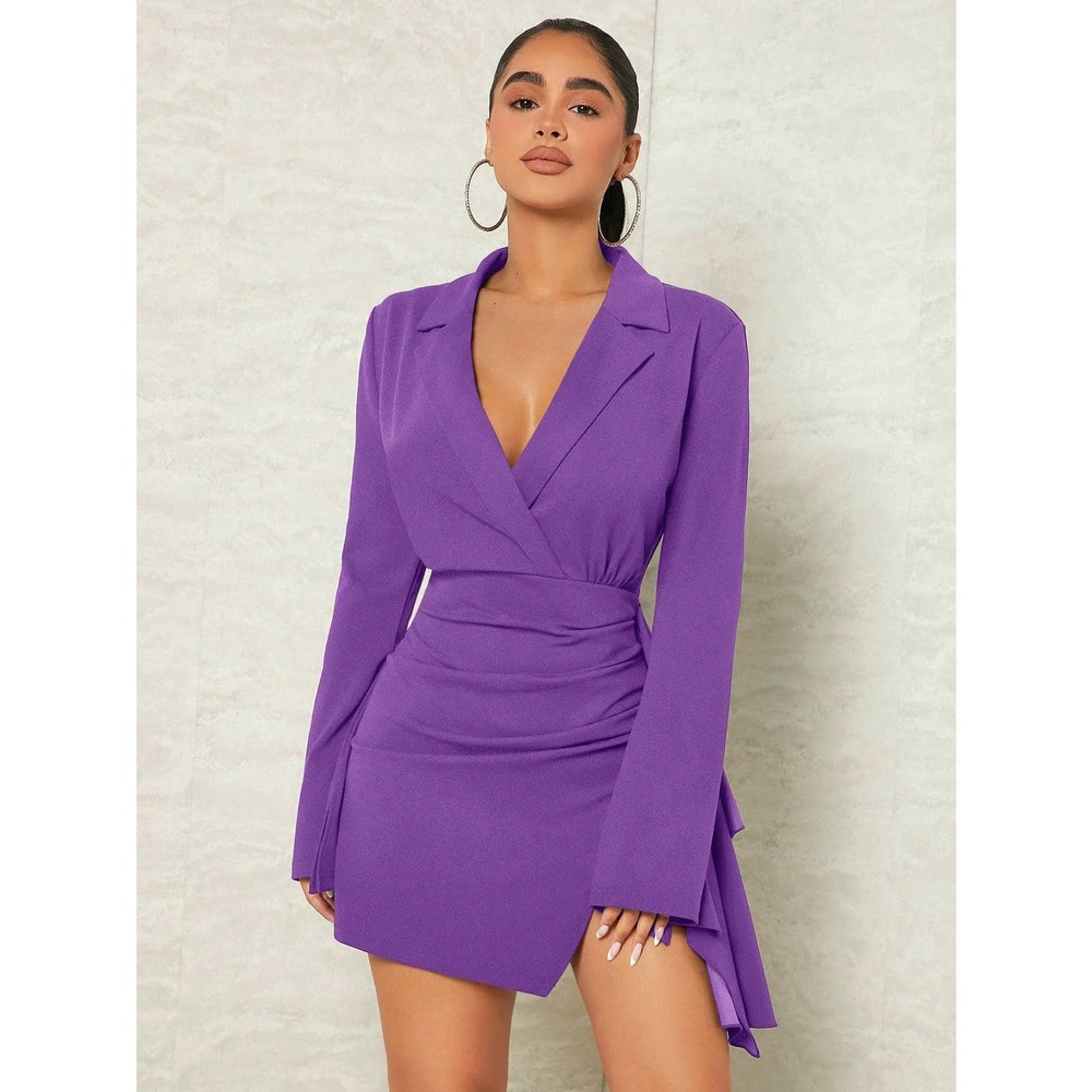 Business casual Collared Ruched v neck Wrap Hem Dress royal blue - Picture 8 of 12